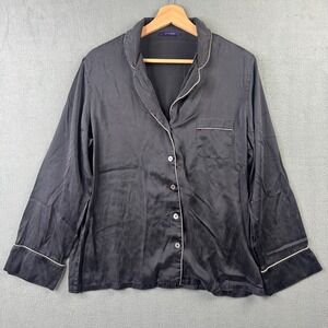 Journelle Womens Black Silk Blend Button Down Pajama Top Contrast Piping Large